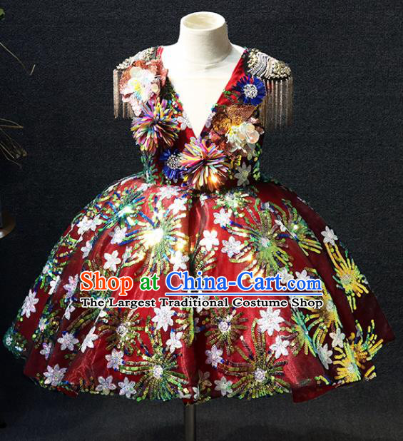 Top Children Performance Clothing Girl Compere Formal Garment Catwalks Embroidered Sequins Wine Red Full Dress Christmas Evening Wear