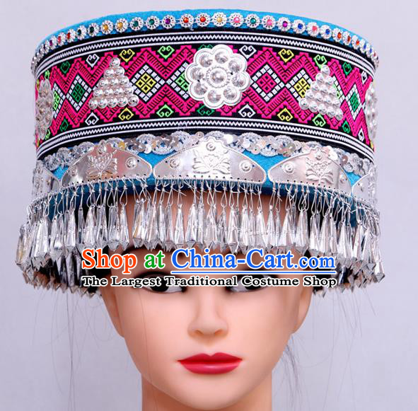Handmade Chinese Ethnic Woman Festival Headdress Yi Nationality Wedding Blue Hat Tujia Minority Folk Dance Headwear