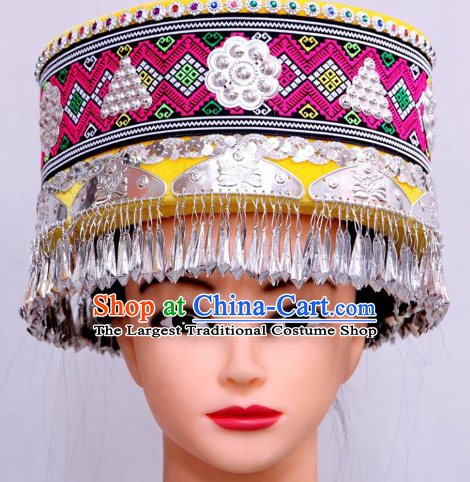 Handmade Chinese Tujia Minority Folk Dance Headwear Ethnic Woman Festival Headdress Yi Nationality Wedding Yellow Hat