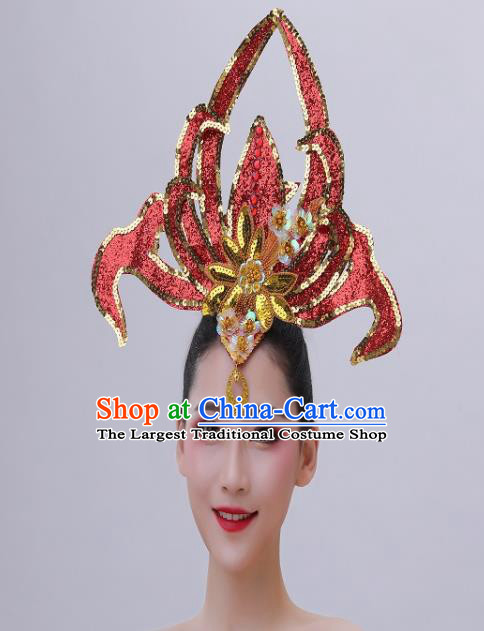 Chinese Modern Dance Headdress Peony Dance Hair Crown Opening Dance Red Sequins Hair Accessories