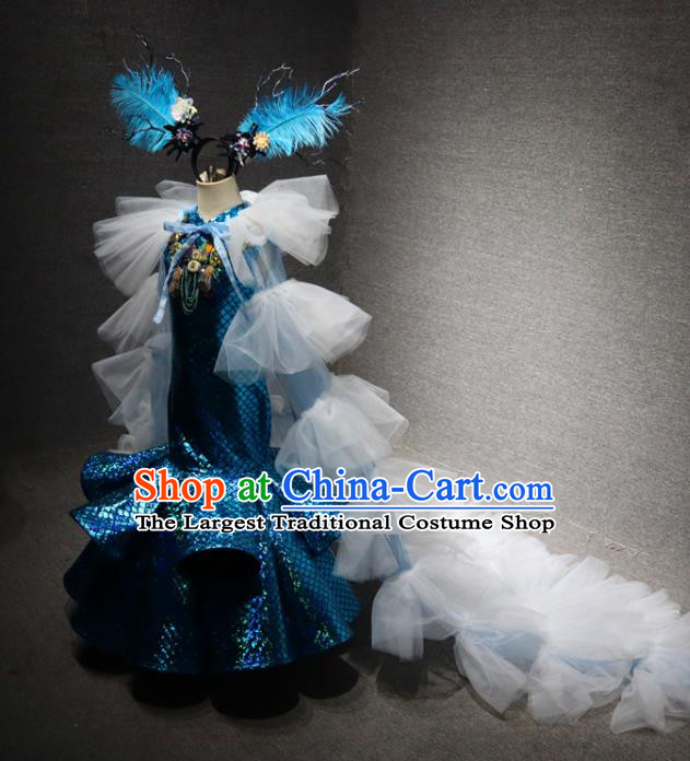 Top Catwalks Mermaid Princess Blue Fishtail Dress Christmas Formal Evening Wear Children Day Stage Show Clothing Girl Performance Garment