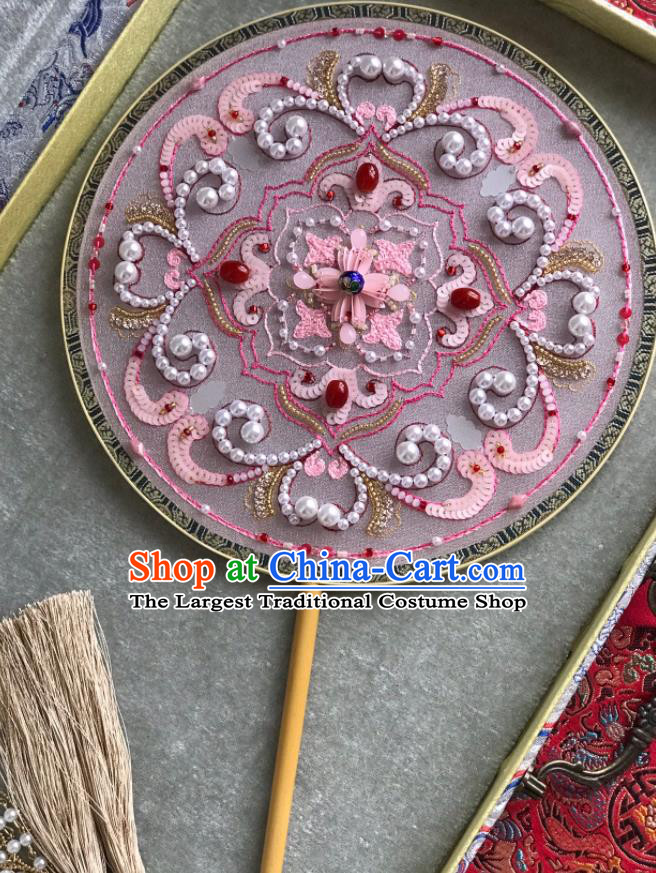 China Wedding Circular Fan Traditional Bride Pink Palace Fan Handmade Hanfu Fans