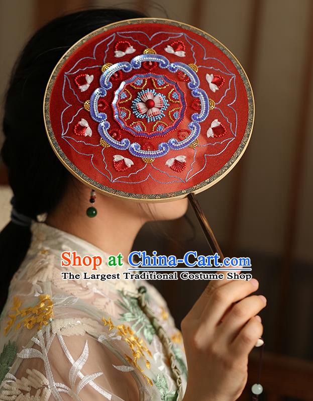 China Wedding Bride Embroidered Sequins Fan Handmade Red Silk Palace Fan Traditional Hanfu Dance Circular Fans