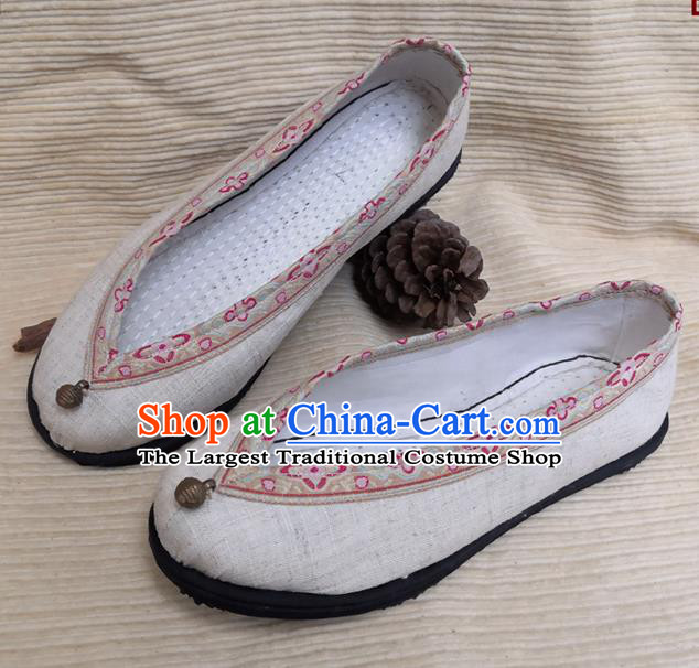 Handmade China National Woman Shoes Yunnan Beige Flax Shoes Ethnic Folk Dance Shoes