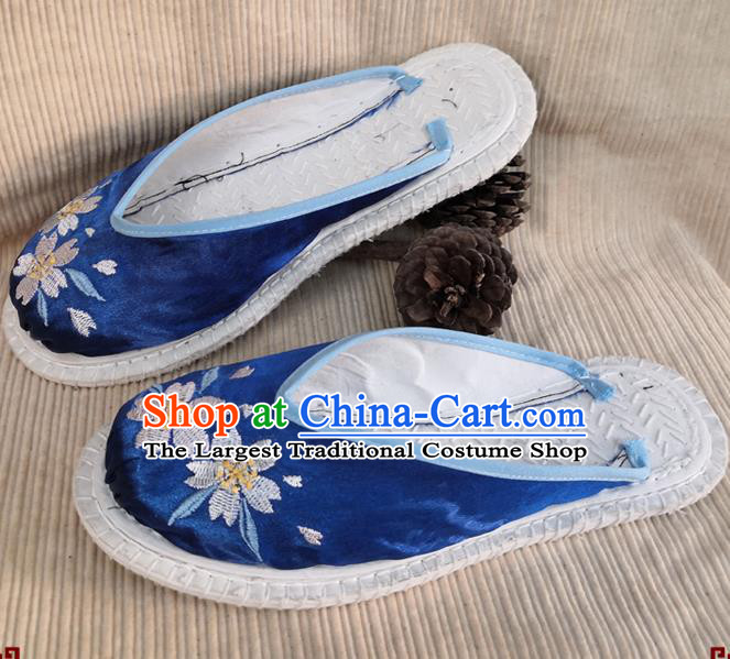 Chinese National Royalblue Satin Shoes Handmade Embroidery Shoes Woman Strong Cloth Slippers