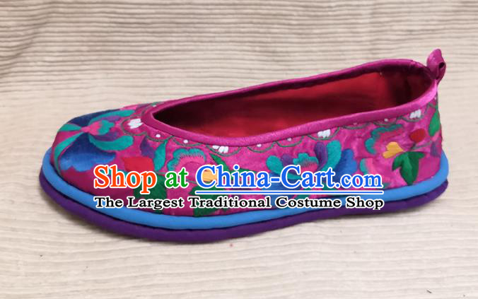 Handmade China Folk Dance Shoes National Woman Strong Cloth Shoes Yunnan Ethnic Rosy Embroidered Shoes