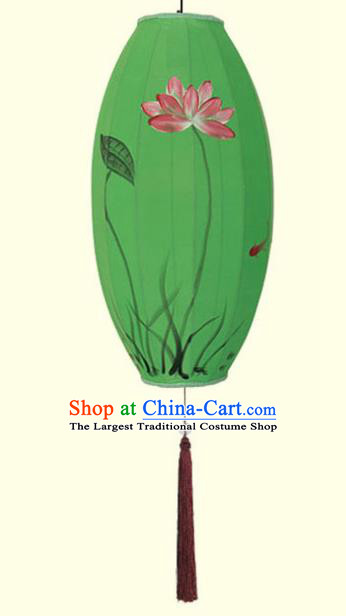 China Traditional Festival Hanging Lanterns Hand Painting Lotus Lantern Classical Green Cloth Lamp