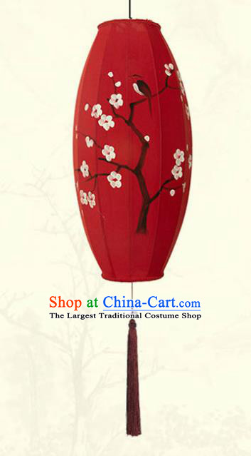 China Classical Red Cloth Lamp Traditional Festival Hanging Lanterns Hand Painting Plum Blossom Lantern