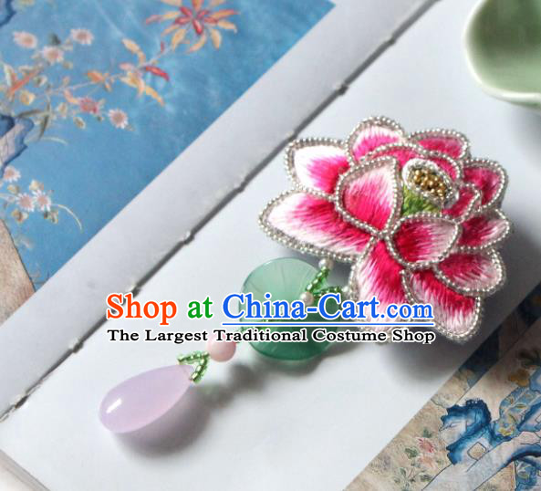 Handmade China Classical Qipao Jade Lotus Leaf Brooch Accessories Embroidered Pink Breastpin