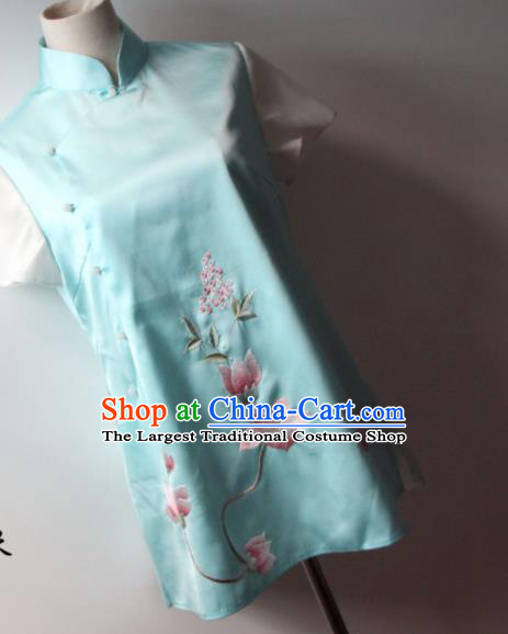 Chinese National Blue Silk Waistcoat Traditional Tang Suit Upper Outer Garment Suzhou Embroidered Lotus Vest