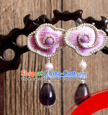 China National Cheongsam Ear Jewelry Handmade Amethyst Tassel Ear Accessories Suzhou Embroidered Lilac Cloud Earrings