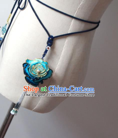 Handmade China Suzhou Embroidered Blue Rosy Belt Pendant Classical Hanfu Waist Accessories