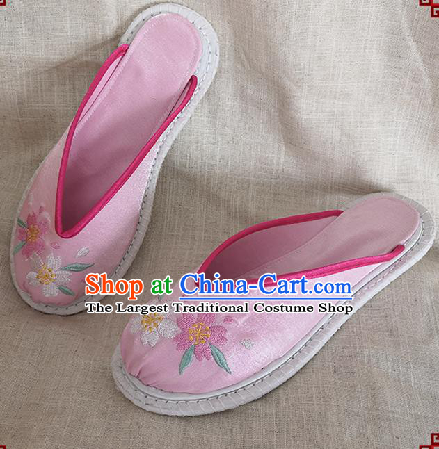 Chinese Handmade Embroidery Sakura Pink Satin Shoes Woman Slippers National Shoes