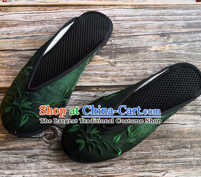 Chinese Woman Slippers National Female Shoes Handmade Embroidery Deep Green Satin Shoes