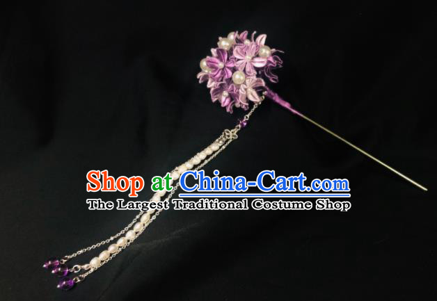 China Traditional Hanfu Hair Accessories Ancient Young Lady Pearls Tassel Hair Stick Song Dynasty Princess Purple Silk Hydrangea Hairpin