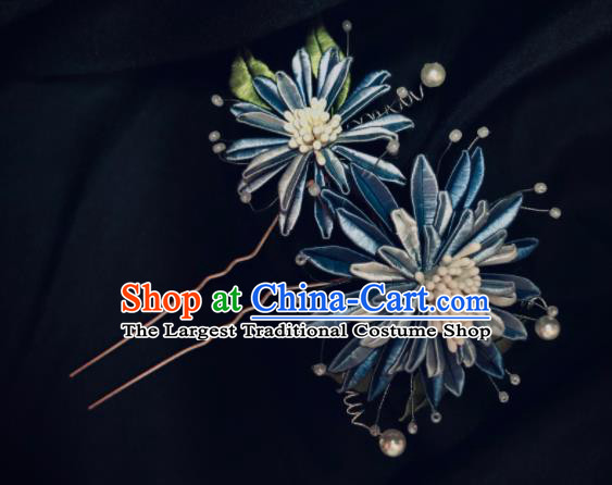 China Handmade Blue Silk Cornflower Hairpin Traditional Song Dynasty Hanfu Headpiece Ancient Court Woman Hair Stick