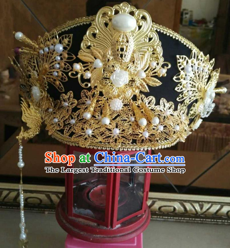 China Handmade Qing Dynasty Empress Golden Hair Crown Traditional Drama Empresses in the Palace Headwear Ancient Imperial Consort Hat