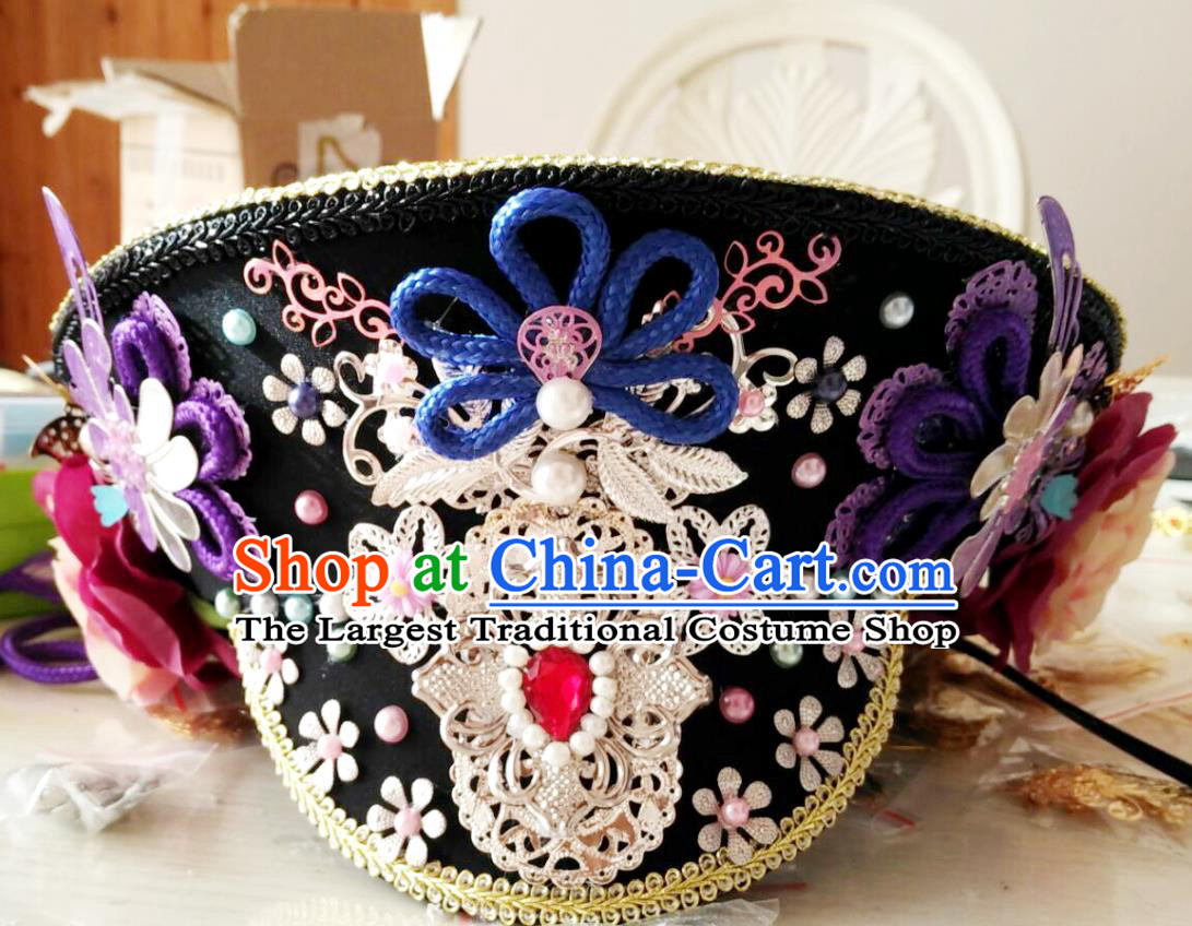 China Handmade Qing Dynasty Imperial Consort Hair Crown Traditional Court Headdress Ancient Drama Empresses in the Palace Zhan Huan Hat