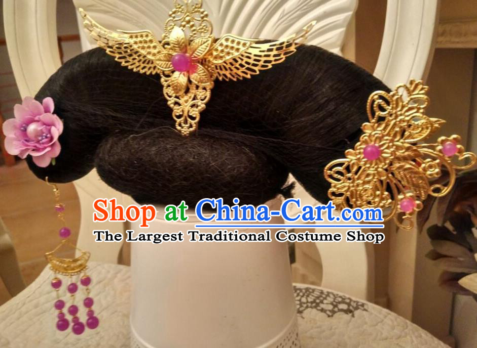 Chinese Traditional Qing Dynasty Court Woman Wigs Hairpieces and Hair Accessories Ancient Palace Princess Headdress