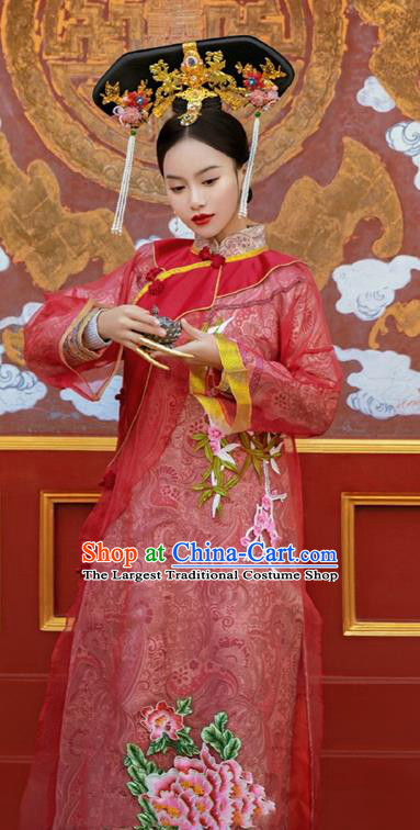 Traditional China Qing Dynasty Imperial Consort Historical Clothing Ancient Manchu Concubine Red Dress Garments and Headwear