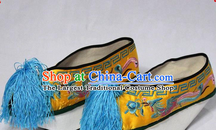 China Traditional Peking Opera Empress Boots Peking Opera Queen Yellow Embroidered Shoes Opera Actress Satin Shoes