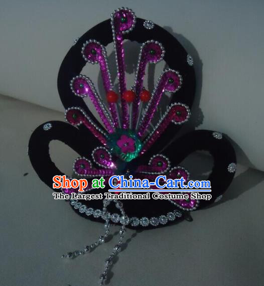 Chinese Opera Noble Lady Headpieces Traditional Beijing Opera Diva Headdress Peking Opera Hua Tan Wigs and Purple Phoenix Hair Accessories