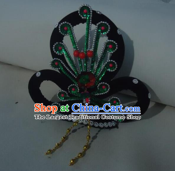 Chinese Peking Opera Hua Tan Wigs and Green Phoenix Hair Accessories Opera Noble Lady Headpieces Traditional Beijing Opera Diva Headdress