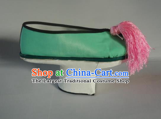 China Traditional Peking Opera Hua Tan Shoes Peking Opera Diva Green Satin Shoes Qing Dynasty Princess Shoes
