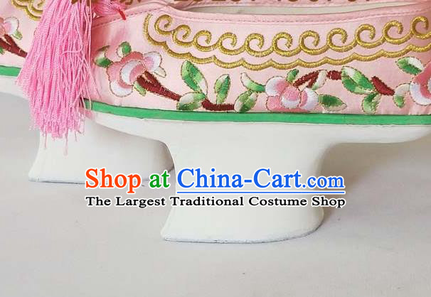 China Traditional Peking Opera Actress Shoes Beijing Opera Hua Tan Pink Embroidered Shoes Qing Dynasty Princess Satin Shoes