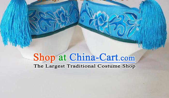 China Beijing Opera Hua Tan Embroidered Shoes Qing Dynasty Princess Blue Satin Shoes Traditional Peking Opera Actress Shoes