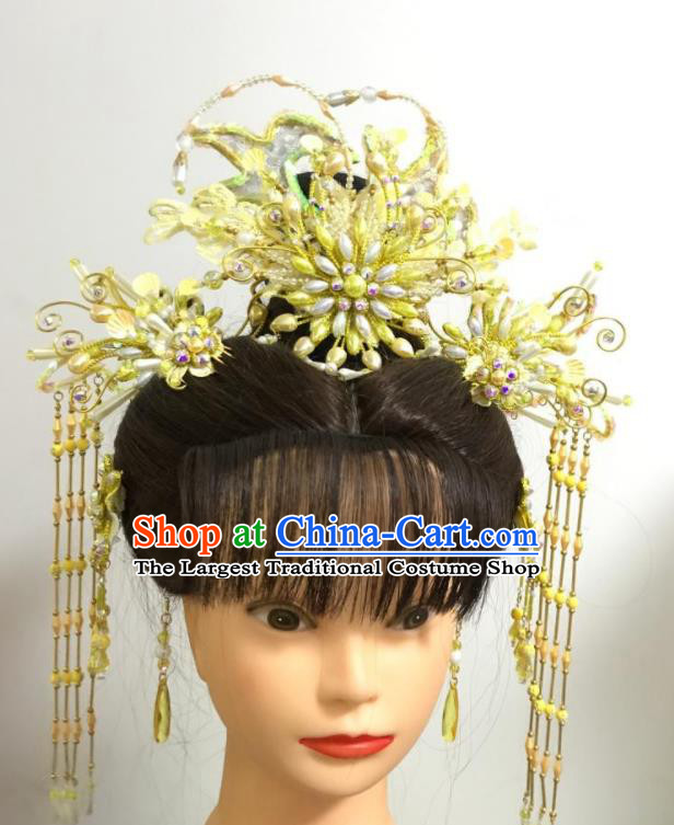 Chinese Traditional Beijing Opera Actress Headdress Gezi Opera Fairy Hair Accessories Peking Opera Hua Tan Golden Tassel Hair Crown