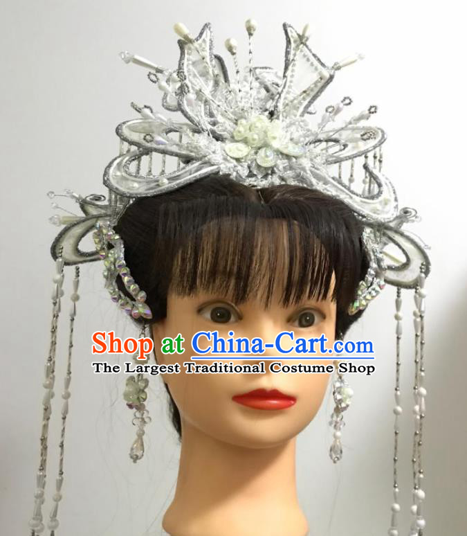 Chinese Peking Opera Hua Tan Tassel Argent Hair Crown Traditional Beijing Opera Actress Headdress Gezi Opera Fairy Hair Accessories