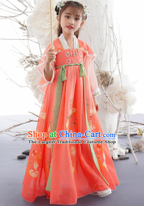 China Traditional Tang Dynasty Girls Clothing Children Dance Printing Fish Pink Hanfu Dress Ancient Princess Fashion Costumes