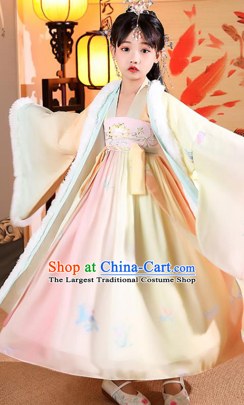 China Girl Stage Show Costumes Traditional Winter Kid Yellow Hanfu Dress Tang Dynasty Children Princess Clothing