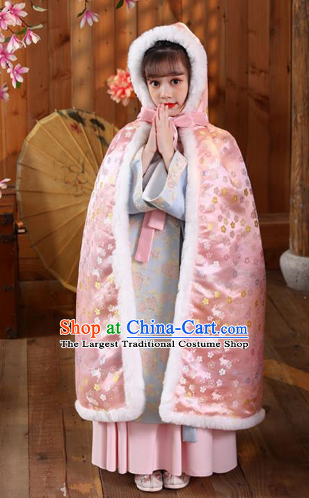 China Girl Stage Show Cloak Costume Traditional Winter Pink Satin Hanfu Cape Ming Dynasty Children Princess Clothing