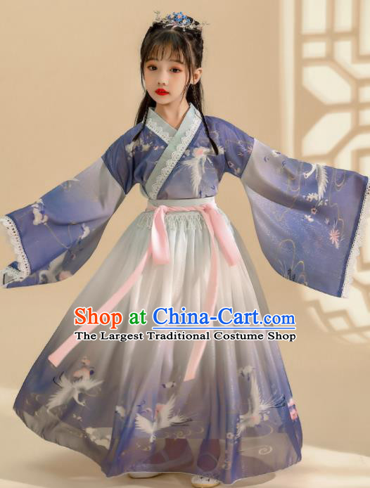 China Traditional Girl Stage Show Blue Hanfu Dress Ming Dynasty Children Princess Clothing Ancient Children Costumes