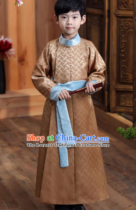 Chinese Qing Dynasty Kid Prince Clothing Traditional Stage Performance Costume Ancient Boys Childe Brown Robe