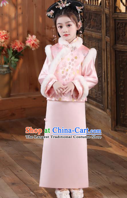 China Children Stage Show Cheongsam Traditional Court Pink Qipao Dress Qing Dynasty Girl Princess Clothing