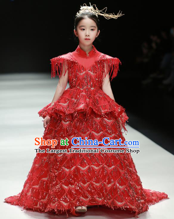 Professional Stage Show Garment Costume Girl Catwalks Red Full Dress Children Piano Performance Formal Clothing