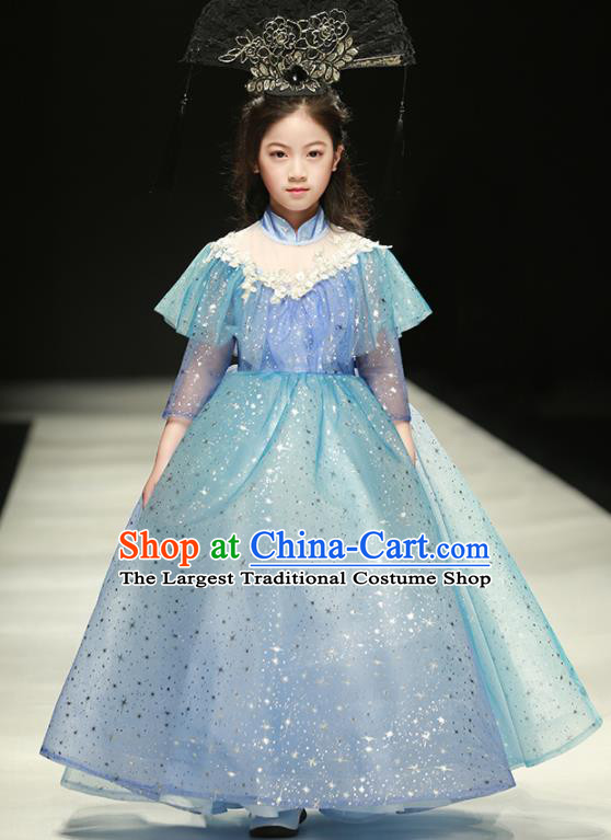 Professional Stage Show Fashion Costume Girl Catwalks Blue Full Dress Children Piano Performance Formal Clothing