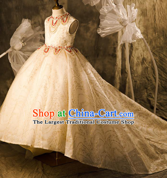 Professional European Catwalks Beige Trailing Full Dress Children Performance Formal Costume Girl Stage Show Fashion Clothing