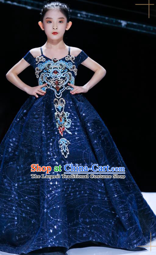 Professional Children Piano Performance Formal Costume Flower Girl Stage Show Fashion Clothing Baroque Catwalks Deep Blue Full Dress