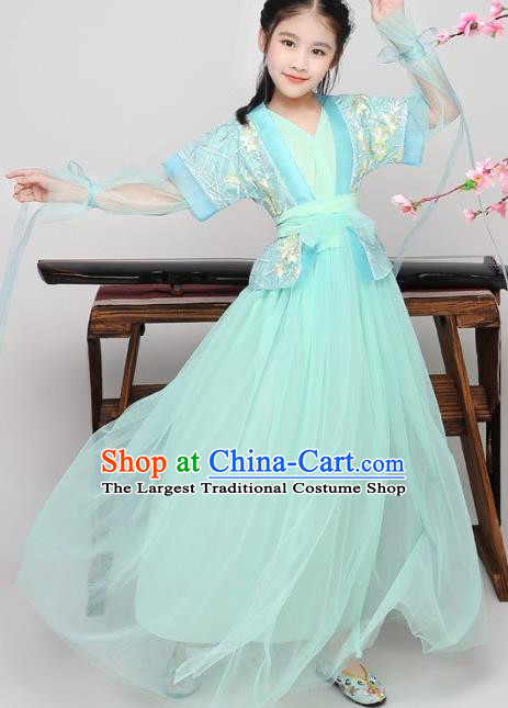 China Ancient Children Garment Costume Traditional Girl Dance Green Hanfu Dress Ming Dynasty Swordswoman Clothing