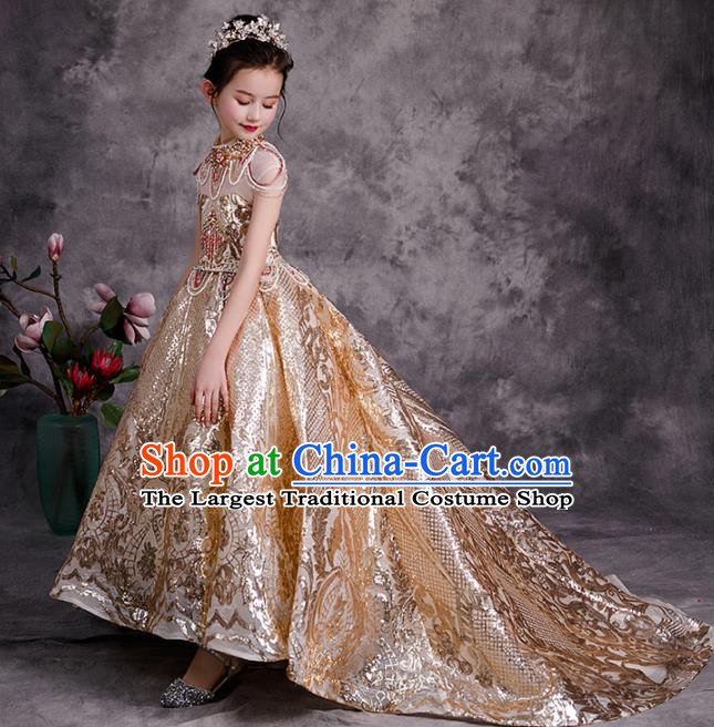 Professional Catwalks Golden Trailing Evening Dress Children Performance Formal Costume Girl Compere Garment Baroque Stage Show Fashion Clothing