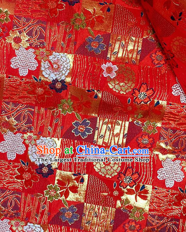 Asian Camellia Pattern Satin Drapery Japanese Traditional Tapestry Fabric Kimono Red Nishijin Brocade