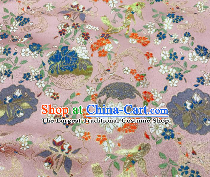 China Traditional Hanfu Silk Fabric Jacquard Brocade Tang Suit Damask Classical Goldfish Flowers Pattern Pink Satin Tapestry