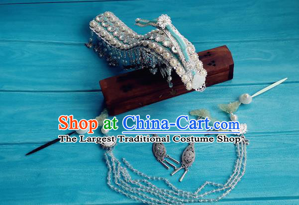 Chinese Qin Dynasty Queen Argent Hair Crown Ancient Empress Jade Hairpins Traditional Hanfu Hair Accessories Complete Set