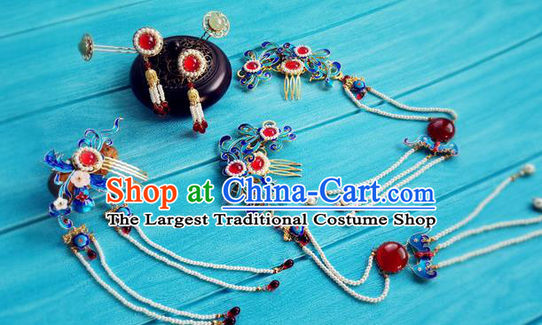 Chinese Ming Dynasty Queen Cloisonne Hairpin Traditional Hanfu Hair Accessories Ancient Empress Tassel Hair Combs Full Set