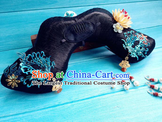 China Drama Story of Yanxi Palace Wei Yingluo Headdress Traditional Qing Dynasty Manchu Woman Wigs and Hairpins Ancient Imperial Consort Hairpieces