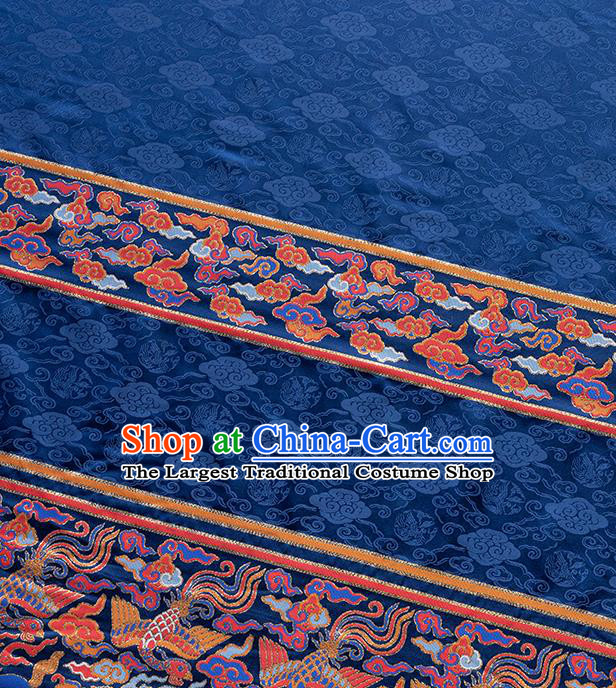 Asian Chinese Hanfu Dress Zhuanghua Satin Jacquard Drapery Ming Dynasty Deep Blue Tapestry Fabric Traditional Phoenix Pattern Brocade